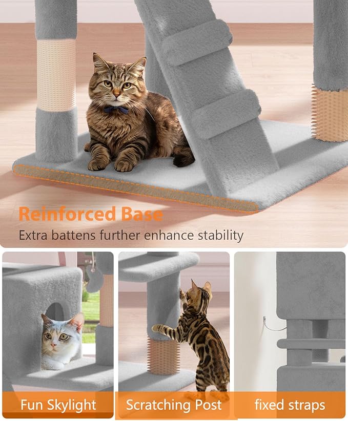 77'' Cat tree Tower for Indoor Cats Large Adult,Cute/Tall Modern Cat Tree for Big Cats 20 lbs,Plush Multi-Level Cat Condo with Scratching Posts,Dangling Ball for fun play(Light Gray, 77 inch)-Mewly Pet