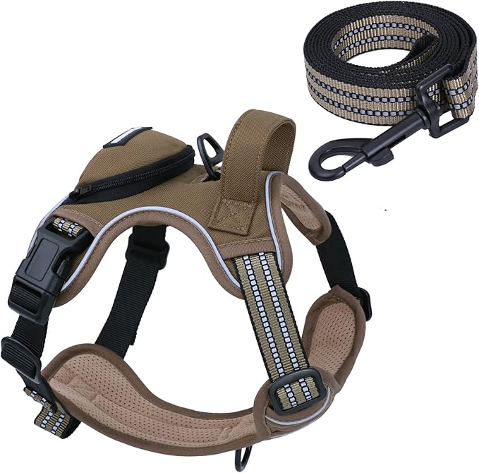 No Pull Dog Harness for Large Dogs, Adjustable No Choke Pet Vest with Dog Leash Fit Smart Reflective Pet Walking Harness for Training Easy Control Soft Handle Brown XL-Mewly Pet