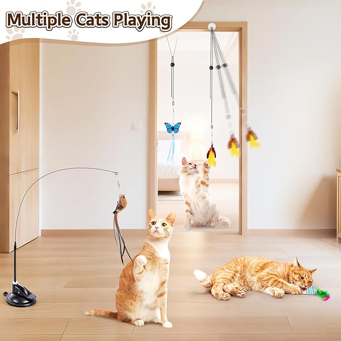 HONGDDY Interactive Bird Simulation Cat Toys，4 in 1 Cat Toys for Indoor Cats, 4 Replacement Birds，Hanging Door Kitten Wand with Suction Cup Removable Feathers Balls Mice Butterfly Streamers-Mewly Pet