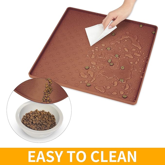 Ptlom Pet Placemat for Dog and Cat, Waterproof Silicone Pet Feeding Bowl Mats for Food and Water, Small Medium Large Dogs Mat Prevent Residues from Spilling to Floor, Brown, 11.8"x11.8"-Mewly Pet