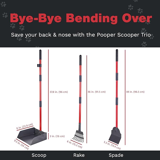 Pooper Scooper for Large Dogs, Small Dogs and Horses, Metal Poop Scooper Set with Long Handle Rake, Spade and Tray for Yard, Grass, Dirt or Gravel, Heavy Duty Aluminum Poop Picker Upper-Mewly Pet