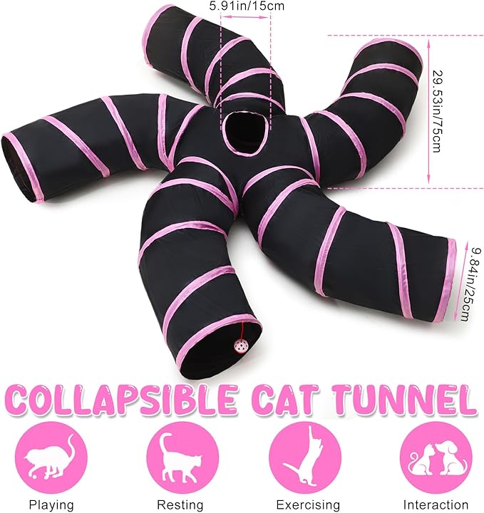 Poen 21 Pcs Cat Tunnel for Indoor Set Collapsible 5 Way Tubes with 20 Pcs Cat Kitten Toys Interactive Feather Toy Mouse Crinkle Balls Tube for Puppy Kitten Rabbit(Pink Black)-Mewly Pet