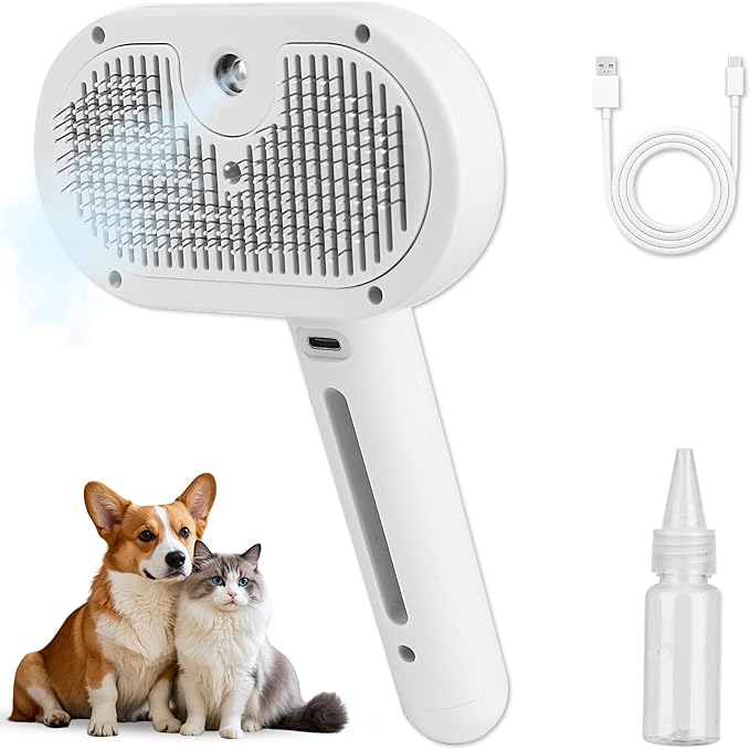 Dog Brush for Shedding, Cat Brushes for Indoor Cats, Cat Brush for Shedding - Pet Grooming Supplies with Steam, Hair Removal Comb Spray for Long-Haired Cats and Dogs (White)-Mewly Pet
