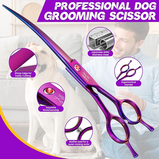 JASON 7.5" Dog Grooming Scissor - Professional Down-curved Shear with Ergonomic Handle Japanese Stainless Steel Trimming Scissor for Dogs, Cats and Other Pets, Sharp (Curved, Purple)-Mewly Pet