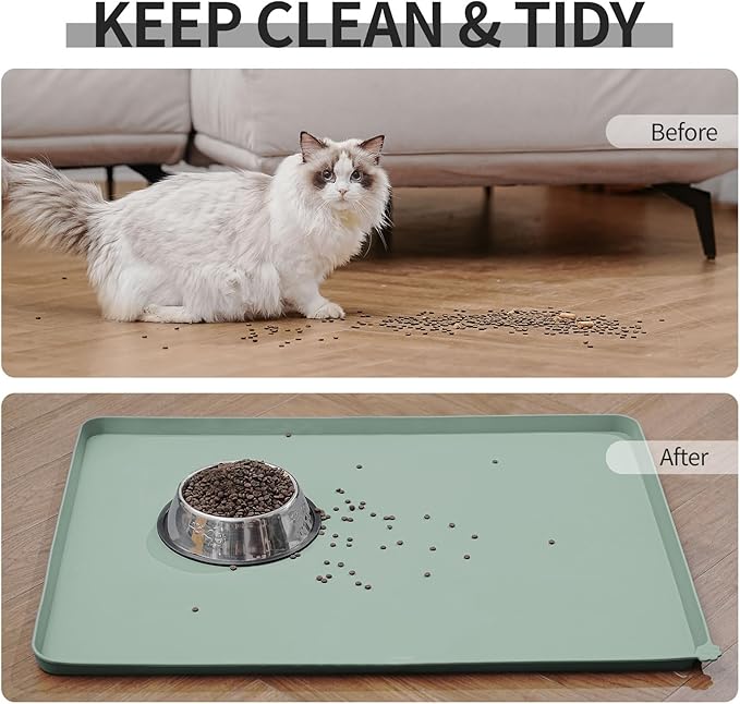 Waterproof Pet Feeding Mat with High Raised Edges, Heavier and Thicker Placemats for Cat Dog Water Bowl with BPA Free, Dogs Cats Food Mats for Messy Drinkers to Prevent Spill and Protect Floors-Mewly Pet