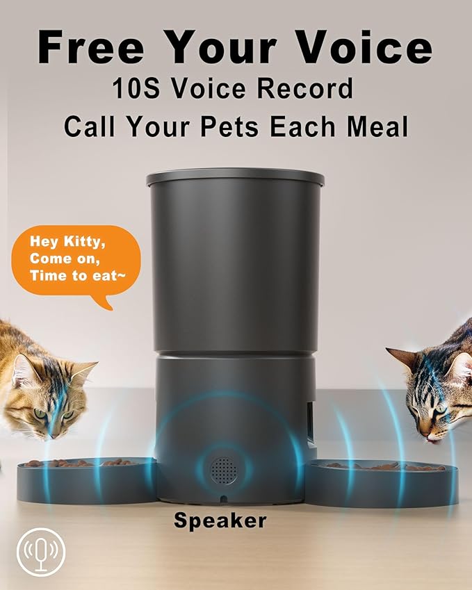 Automatic Dual Cats Feeder for 2 Cats,6 Meals/Day,12 Portions/Meal,Dual Power Auto Pet Feeder Dry Food Dispenser,Flexible Schedule Timer 10S Voice Record (Black, ABS Dual Bowls)-Mewly Pet