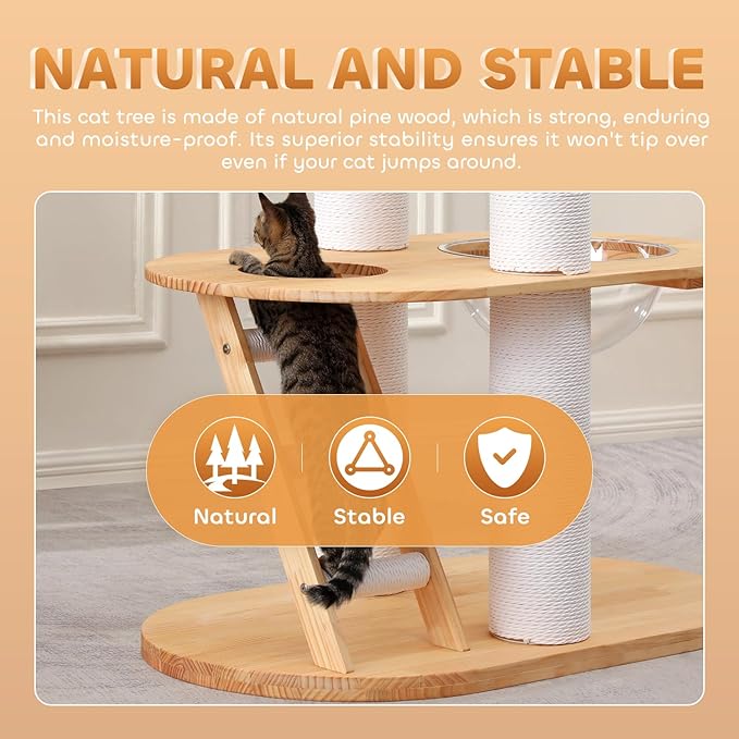 63.6'' Modern Cat Tree Indoor, Solid Wood Cat Tree with Scratching Post for Multi-Cat Families, Tall Cat Tower with Auxiliary Stairs, Huge Condo for Large Cats-Mewly Pet
