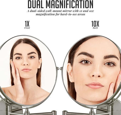 OVENTE 9" Wall Mounted Makeup Mirror with 1X/10X Magnification, Double Sided Magnifying Round Bathroom Vanity Mirror, 360° Swivel Design, Extendable and Folding Arm, Nickel Brushed MNLFW90BR1X10X