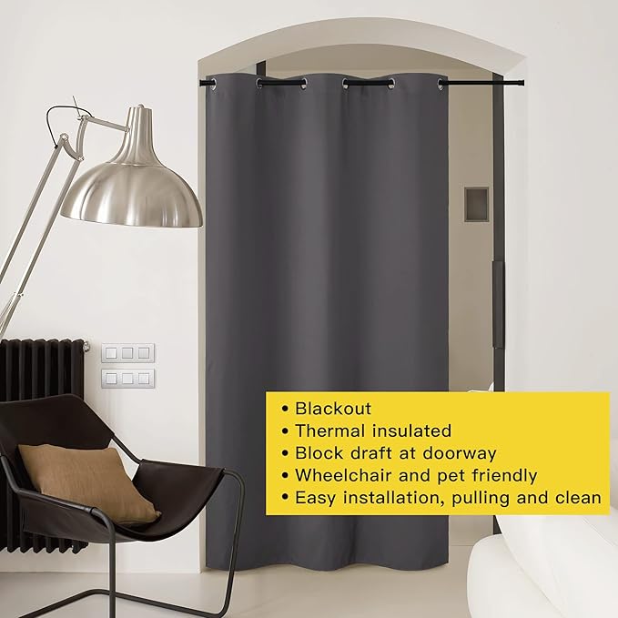 NICETOWN Doorway Curtain Privacy, Door Cover Curtain, Sound Reducing Winter Insulated Thermal Room Darkening Blackout Curtains for Bedroom, 84 inch Length (1 Panel, 5ft Wide by 7ft Long, Gray)