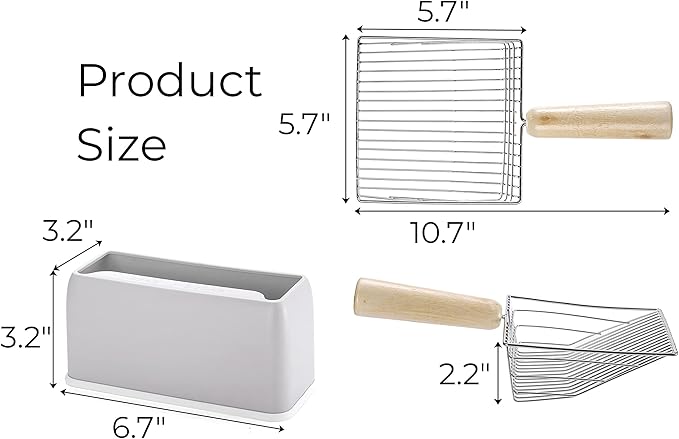 Hiceeden Set of 2 Cat Litter Scoop with Holder, Metal Kitty Litter Scoop Holder with Wooden Handle, Cat Poop Scooper for Kitten Litter Box, Fast Sifting, Gray and Blue-Mewly Pet