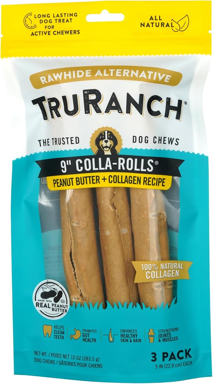 Collagen Rolls - 9" Collagen Rolls for Dogs - Long Lasting Healthy Joint Support Dog Treat - Rawhide Alternative - Skin & Coat Health - Made with Real Peanut Butter, 1 Bag, 3 Count-Mewly Pet
