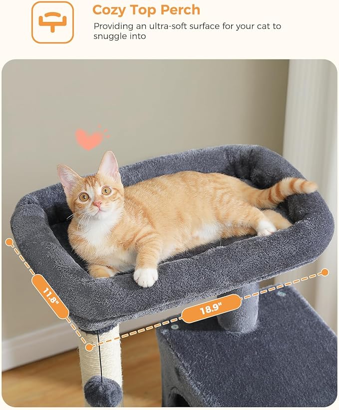 Cat Tree for Indoor Cats, 45.7" Multi-Level Cat Tower with Large Metal Frame Hammock, Cat Condo with 4 Scratching Posts and Top Perch for Small Medium Cat, Dark Grey-Mewly Pet