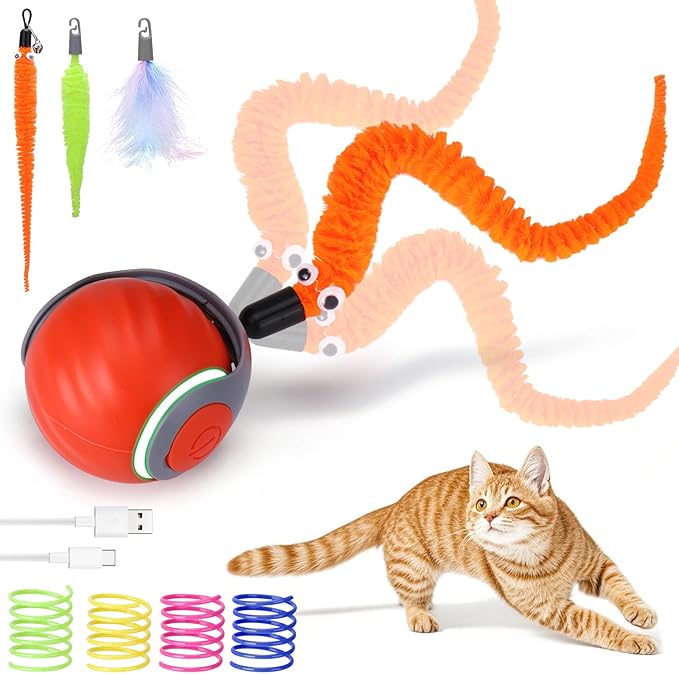 AIERSA Interactive Automatic Cat Toys for Indoor Adult Cats,Self Play Speed Tail Toy with 3 Tails and 4 Springs (Orange)-Mewly Pet