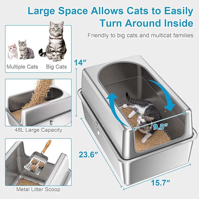 14'' High Sides XXL All Stainless Steel Cat Litter Box with Lid,XL Deep Metal Litter Box for Big Cats,Extra Large Litter Boxes with High Wall Enclosure,Anti-Leakage,Never Absorbs Odors,Non-Sticky-Mewly Pet