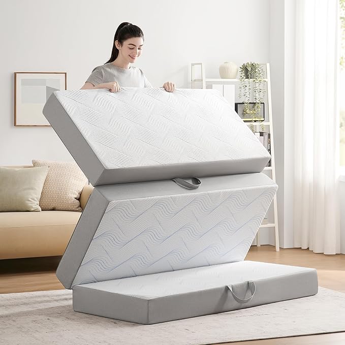 Foldable Mattress Cot 4 inch -Portable White Memory Foam Folding Matress with Washable Cover for Camping Travel Guest Room Home Use-Non-Slip&Easy Storage