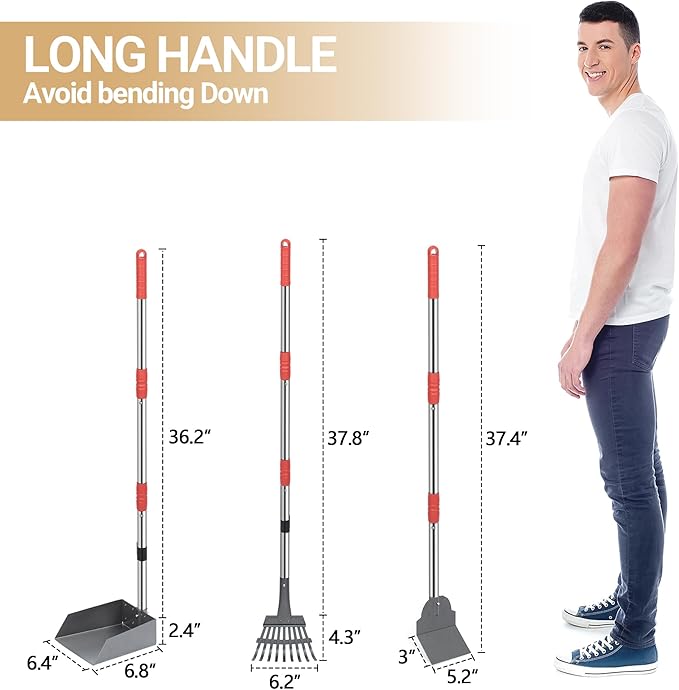 Heeyoo Dog Pooper Scooper, Dog Poop Tray and Rake Set, Pet Waste Removal Scoop with Long Adjustable Sectional Stainless Handles-Mewly Pet