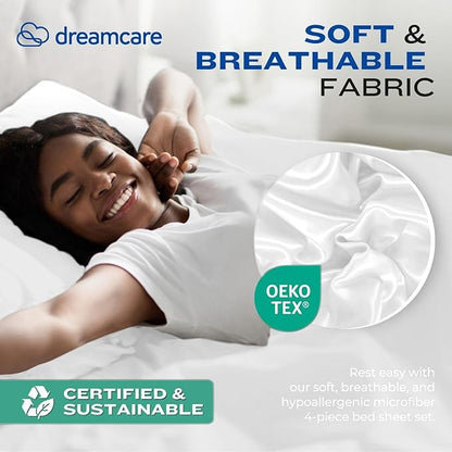 DREAMCARE Full Size Sheets – 4 pcs Cooling Sheets – up to 21” Deep Full Sheet Set – Hotel Luxury Sheets & Pillowcases – Superior Softness 100% Fine Microfiber with Side Pocket – White