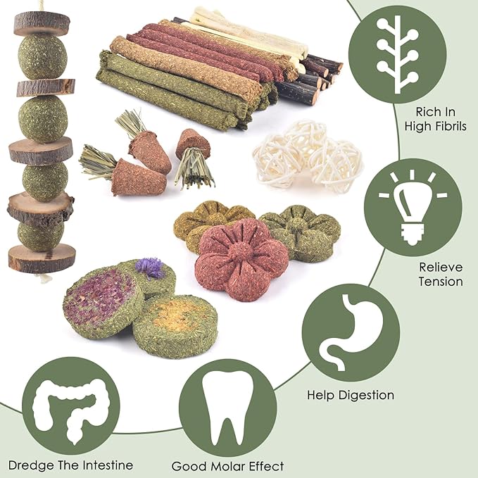 ERKOON Bunny Toys Boredom, 42 PCS Bunnies Timothy Hay Sticks Carrots Rose Grass Cake Dental Care, Molar, Chinchillas Toy Chew Toy, Guinea Pigs, Hamsters, Chinchilla, Rabbit Chew Toys for Teeth-Mewly Pet