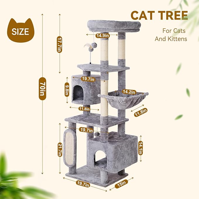 Hoopet 70-Inch Large Cat Tree for Multiple Cats Cat Tower with 2 Condos, Scratching Posts, Hammock & Platform, Plush Perch for Indoor Activity Relaxing Easy Assembly Grey-Mewly Pet