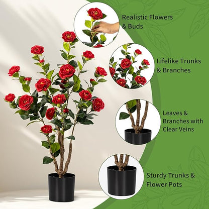 Artificial Camellia Tree 2 Pack, Artificial Plants Outdoor Faux Floral Plant in Cement Pot Fake Red Silk Camellia Tree Plants for Home House Living Room Office Decor (Red (2 Pack))