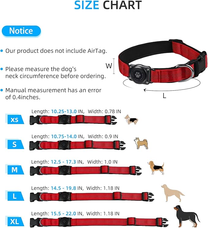 Upgraded AirTag Dog Collar, IP68 Waterproof Air Tag Dog Collar Holder, Reflective, Ultra-Durable, Comfortable Padded, Heavy Duty Dog Collars for Small Medium Large Dogs (S (10.6"-13.6"), Red)-Mewly Pet