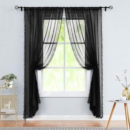 Treatmentex Pom-pom Sheer Black Curtains for Living Room 84 inches Length Modern Window Curtain Panels for Kids Room Drapes 1 Pair Rod Pocket