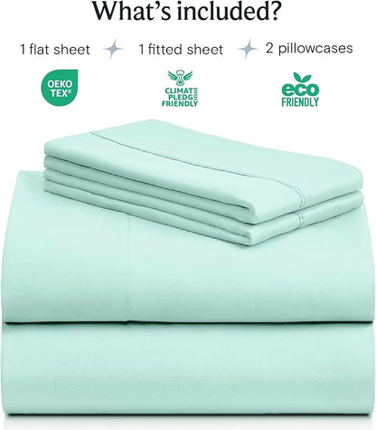 LuxClub 4 PC Sheet Set Bed Sheets Deep Pockets 16" Eco Friendly Wrinkle Free Cooling Machine Washable Hotel Bedding Silky Soft - Aquamarine Queen