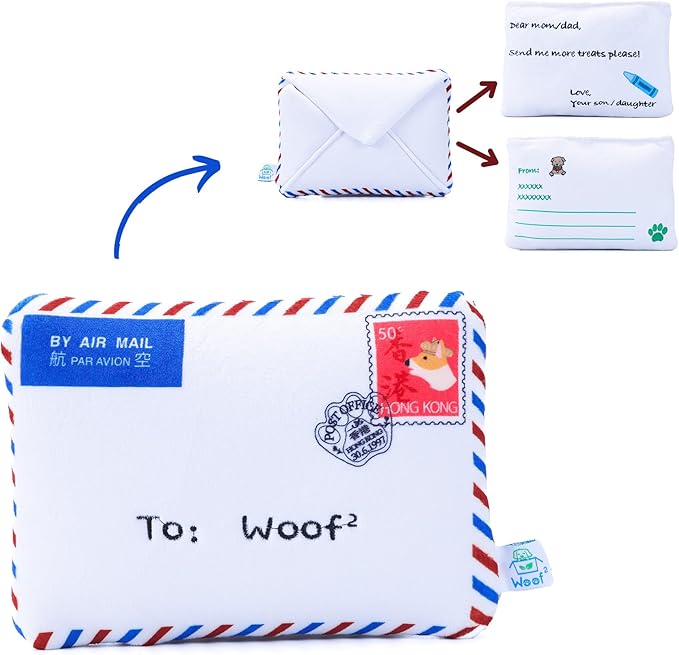 Hong Kong Airmail Soft Plush Nose-Work Squeaky Dog Toy - Durable & Cute 2-in-1 Envelope & Letter for Interactive Play, Extendable Cloth to Hide Food for Puzzle Fun, Small Medium Dogs-Mewly Pet