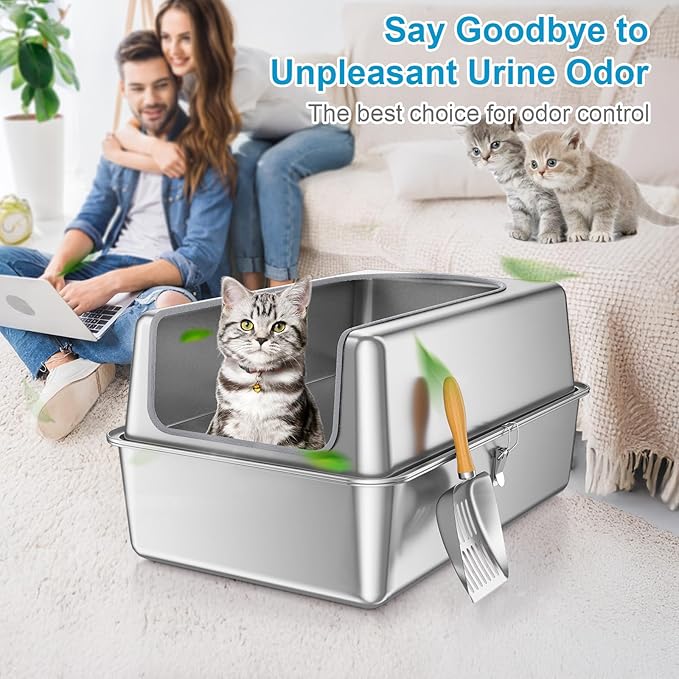 12'' High Sides XL All Stainless Steel Cat Litter Box with Lid,Deep Metal Litter Box for Big Cats,Extra Large Litter Boxes with High Wall Enclosure,Anti-Leakage,Never Absorbs Odors,Non-Sticky Surface-Mewly Pet