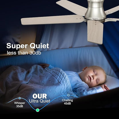 52 Inch Ceiling Fans with Lights and Remote, Brushed Nickel Flush Mount Low Profile Ceiling Fan for Bedroom, Living Room, Patio, Dimmable 6 Speeds Noiseless, ETL Listed
