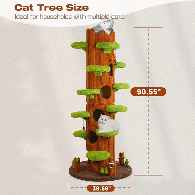 Extra Large Cat Tree Tower,90.55" Tall Forest Theme Cat Condo for Indoor Cats,Multi-Level Luxury Huge Cat Condo with Scratching Mats,Removable Mats,Heavy Duty House with Toys for Multi-Cat Household-Mewly Pet
