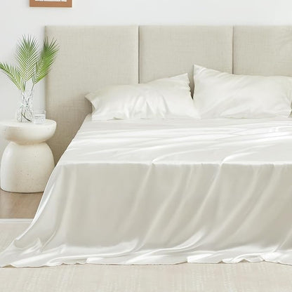 Love's cabin California King Satin Sheet Sets - 4 Piece Ivory Silky Sheets Bed Set with Deep Pocket, Luxury Silk Feel Satin Cal King Sheet Set (1 Flat Sheet,1 Fitted Sheet,2 Pillow Cases)