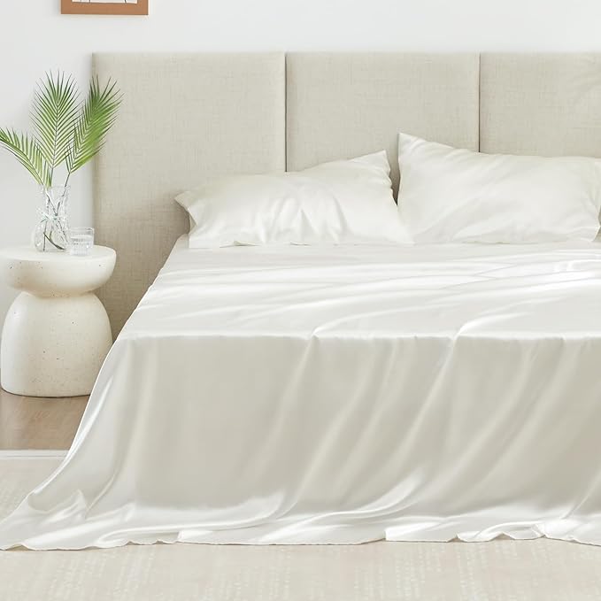 Love's cabin Twin Silky Soft Satin Bed Sheet Set - 3 Piece, Ivory, Luxury Fitted & Flat Sheets, Deep Pockets, Envelope Closure, 1800 Thread Count, Cooling, Breathable, Hypoallergenic