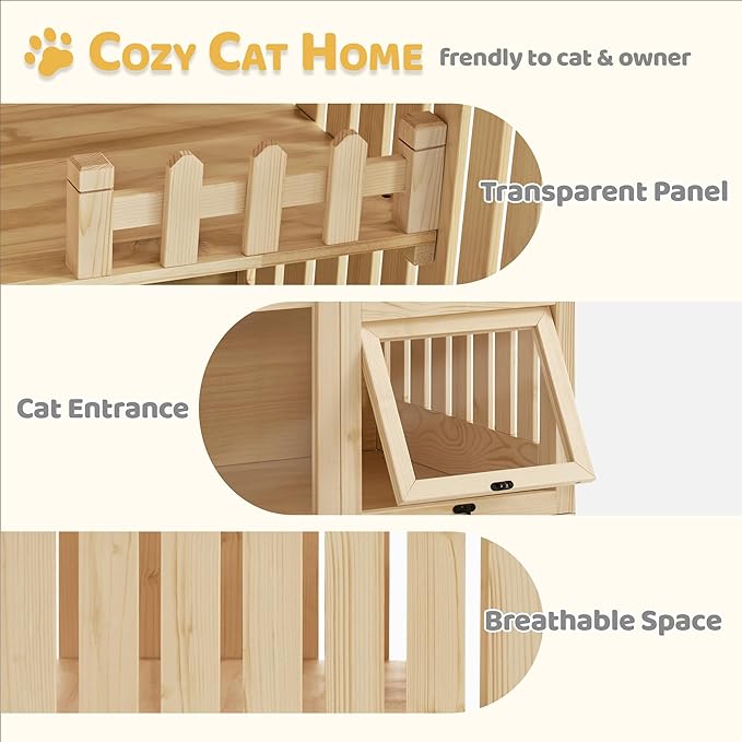 MCombo Wooden Cat Houses for Indoor Cats, Luxury Kitten House with Scratching Pad, Lockable Doors, Wheels, CT090-Mewly Pet