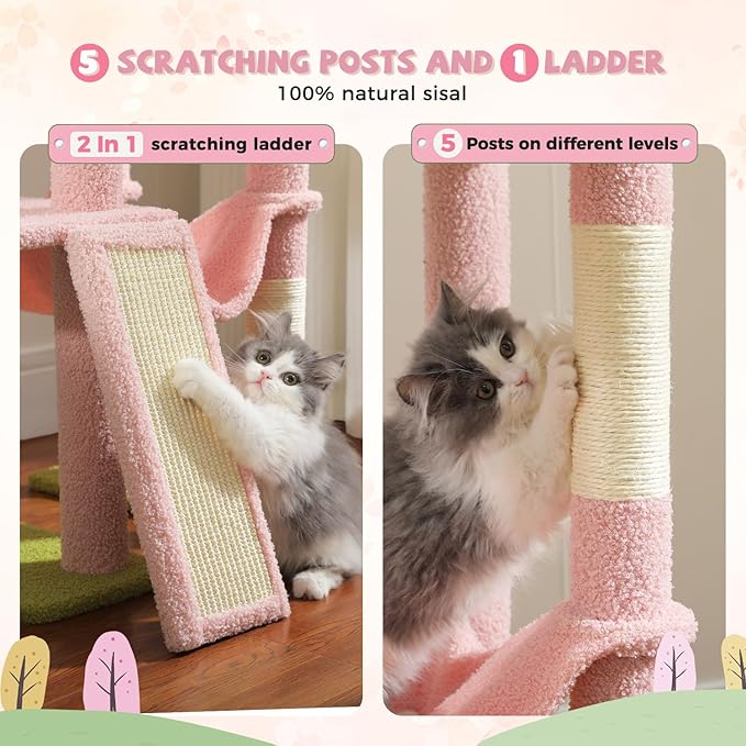 PAWZ Road Pink Cat Tree, Floor to Ceiling Cat Tower with Adjustable Height(85-112 Inches), 7 Tiers Climbing Activity Center with Cozy Hammocks, 5 Platforms and Scratching Posts for Indoor Cats-Pink-Mewly Pet
