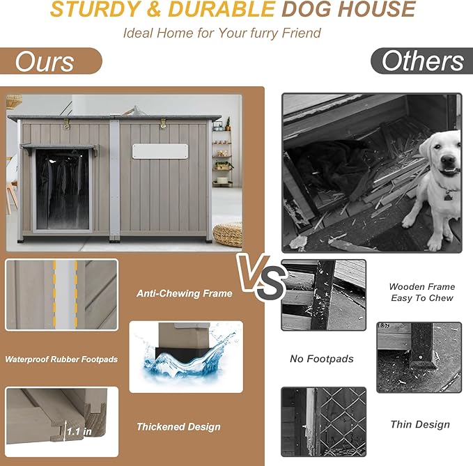 Weatherproof Outdoor Dog House, Wooden Puppy Shelter with Anti-Chewing Iron Frame and Elevated Floor, Sturdy Dog Kennel for Small, Medium & Large Dogs, Grey (Gray, 51" L x 29" W x 32" H)-Mewly Pet