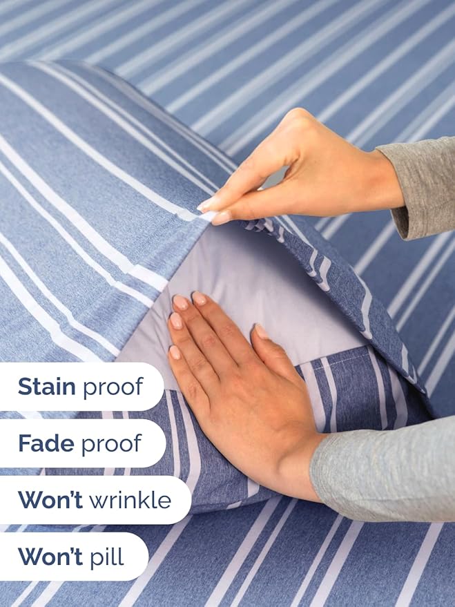 Extra Deep Queen Sheet Set - 6 Piece Breathable and Cooling Sheets - Hotel Luxury Bed Sheets Set - Easy Fit - Soft, Wrinkle Free and Comfy Sheets Set - Blue Striped Sheet Set with Extra Deep Pockets