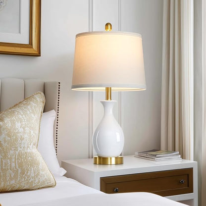 24" White Ceramic Table Lamps Set of 2 for Bedroom, Modern Classic Bedside Lamps for Nightstand, Small Table Lamp for Living Room Side Table (2 LED Bulbs Included)