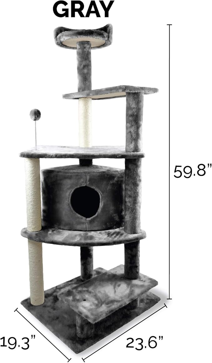 Furhaven 59.8" Tall Cat Tree for Indoor Cats, Ft. Sisal Scratching Posts, Condo, & Toys - Tiger Tough Platform House Interactive Playground Tower - Gray, One Size-Mewly Pet