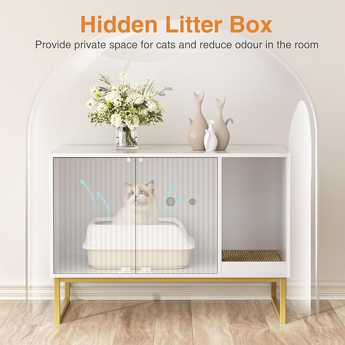 Cat Litter Box Enclosure, Fluted Hidden Litter Box Furniture with Scratch Pad and Metal Legs, Modern Enclosed Cat Cabinet, 31.5 x 17.7 x 21.7 Inches Indoor Pet House for Living Room, Washroom, White-Mewly Pet