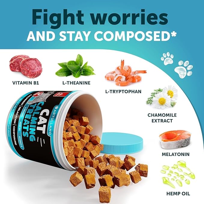 Hemp Cat Calming Treats for Stress & Anxiety Relief - Cat & Kittens - Melatonin - Storm Anxiety, Сomposure, Grooming, Separation, Veterinary Visits, Travel Care - Calming Aid with Hemp Oil - 135 Chews-Mewly Pet