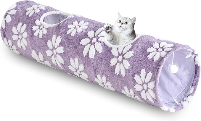 Straight Cat Tunnel for Indoor Cats 47"x12", Cute Cat Toys Collapsible Tunnel Tube with Balls for Puppy Kitten Rabbit, Purple Flower-Mewly Pet