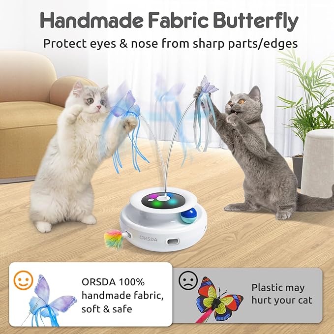 ORSDA Cat Toy, 3-in-1 Automatic Interactive Electronic Moving Ambush Feather, Fluttering Butterfly, Track Balls, USB Rechargeable Powered Smart Indoor Exercise Kicker-Mewly Pet