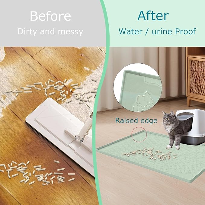 Cat Litter Mat, Silicone Large Cat Litter Trapping Mat for Litter Box - 31x22 in, Waterproof & Non-Slip, Durable & Easy Clean, Green-Mewly Pet