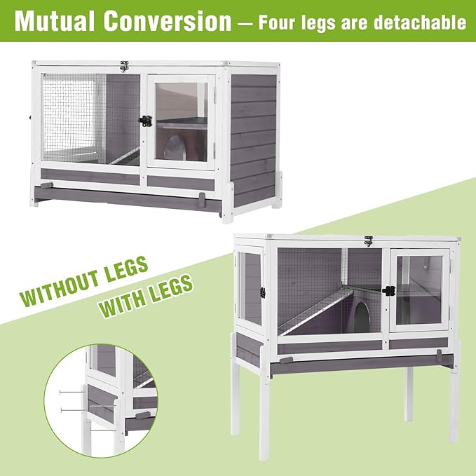 GUTINNEEN Indoor Guinea Pig Cage Rabbit Hutch with Chew-Proof Ramp, 2-Story Wooden Bunny House with Pull-Out Trays & Leakproof PVC Layer, Small Animal Cages with Detachable Legs (Gray)-Mewly Pet