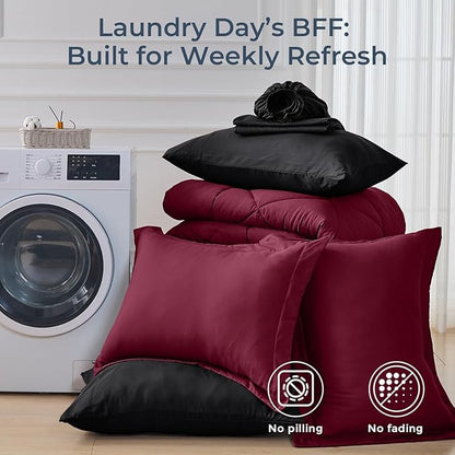 HEVUMYI Red & Black Full Comforter Set - 7-Piece All Season Bed in a Bag Full, Ultra Soft Burgundy Bedding Set with Comforter, Flat Sheet, Fitted Sheet, Pillowcases, Pillow Shams, Burgundy Red & Black