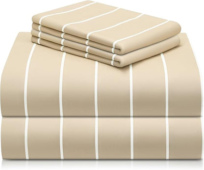 LuxClub 4 PC Full Size Sheet Set Bed Sheets, Breathable Luxury Deep Pockets Wrinkle Free Cooling Sheets Machine Washable Hotel Bedding (Full, Striped Cream)
