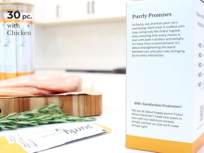 Purrly Lickable Wet Cat Treats Creamy Purée Human-Grade Chicken Breast with Prebiotic and Dietary Fiber for Digestive Health (30 Count) Non-Seafood Non-GMO No-Grains No-Artificial-Additives All Ages-Mewly Pet