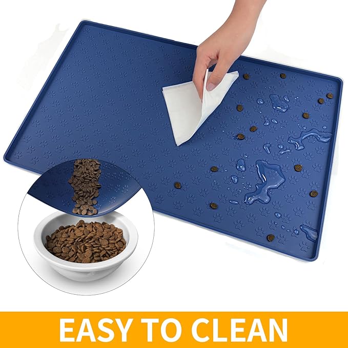 Ptlom Silicone Pet Placemat for Dog and Cat, Waterproof Anti-Slip Pet Feeding Bowl Mats for Food and Water, Small Medium Large Tray Mat Prevent Residues from Spilling to Floor, Navy Blue, 31.5" 23.6"-Mewly Pet