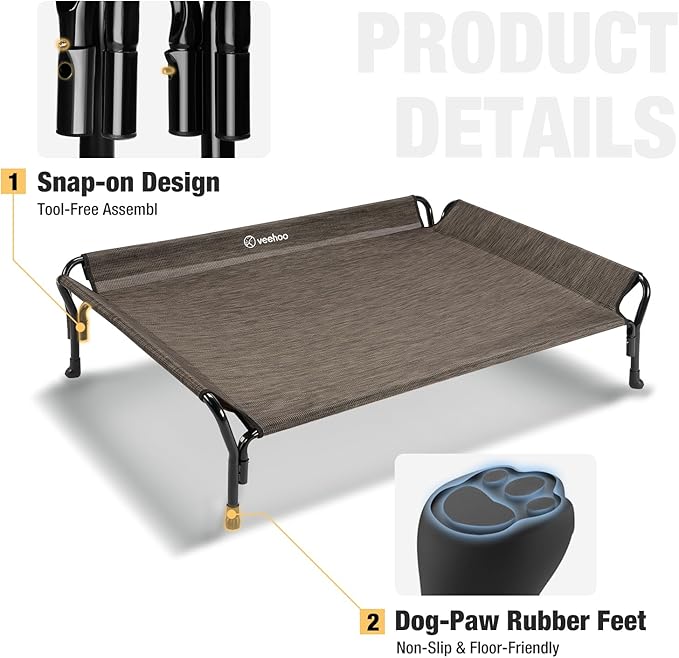 Veehoo Medium Elevated Dog Bed, Guardrail, Non-Slip, Chewproof, Washable & Breathable Teslin Mesh, Brown-Mewly Pet